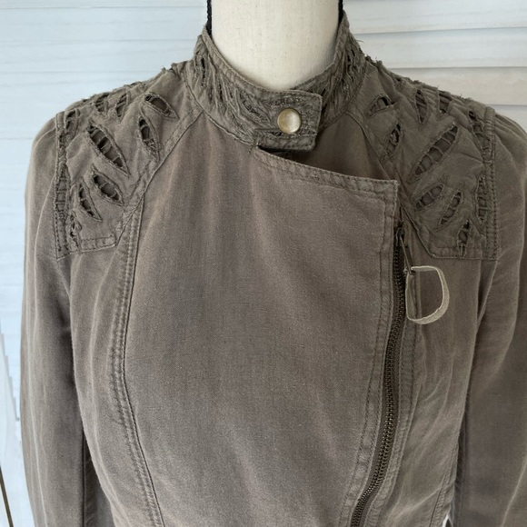 Free People Sz 4 Linen Cotton Eyelet Moto Jacket Olive Green Zip - Picture 10 of 13